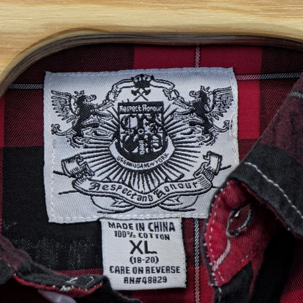 Respect & Honour Boys XL 18-20 Redemption Plaid Shirt Red Black Y2K Graphic Cool